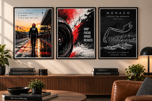 Set of three motorsport racing prints in black frames