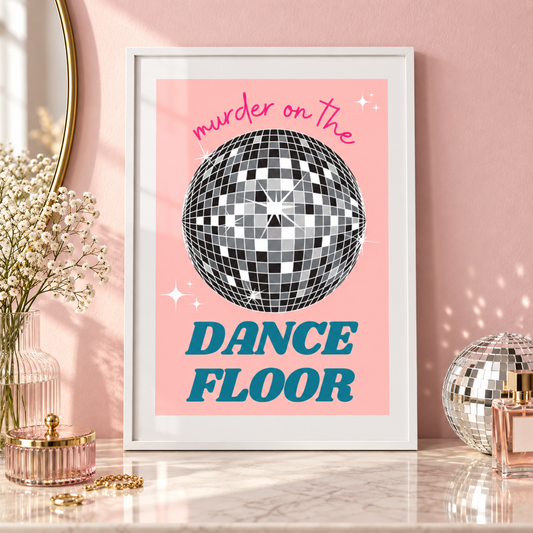 Murder on the Dancefloor music print in a white frame on a dressing table