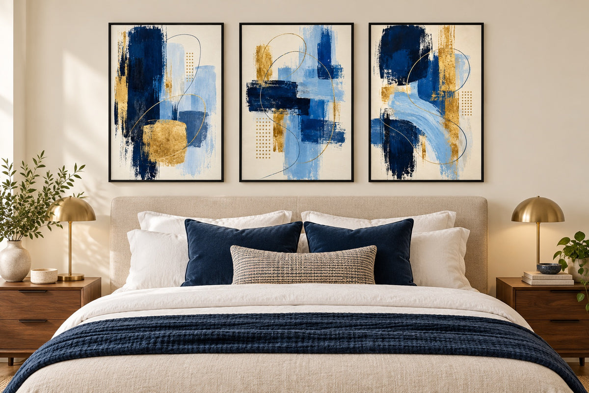 Navy, blue and gold set of three abstract prints above a bed; frames not included