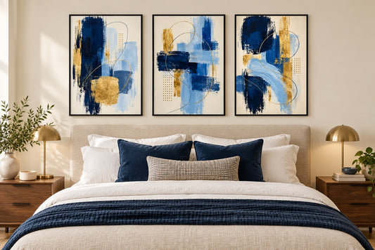 Navy, blue and gold set of three abstract prints above a bed; frames not included