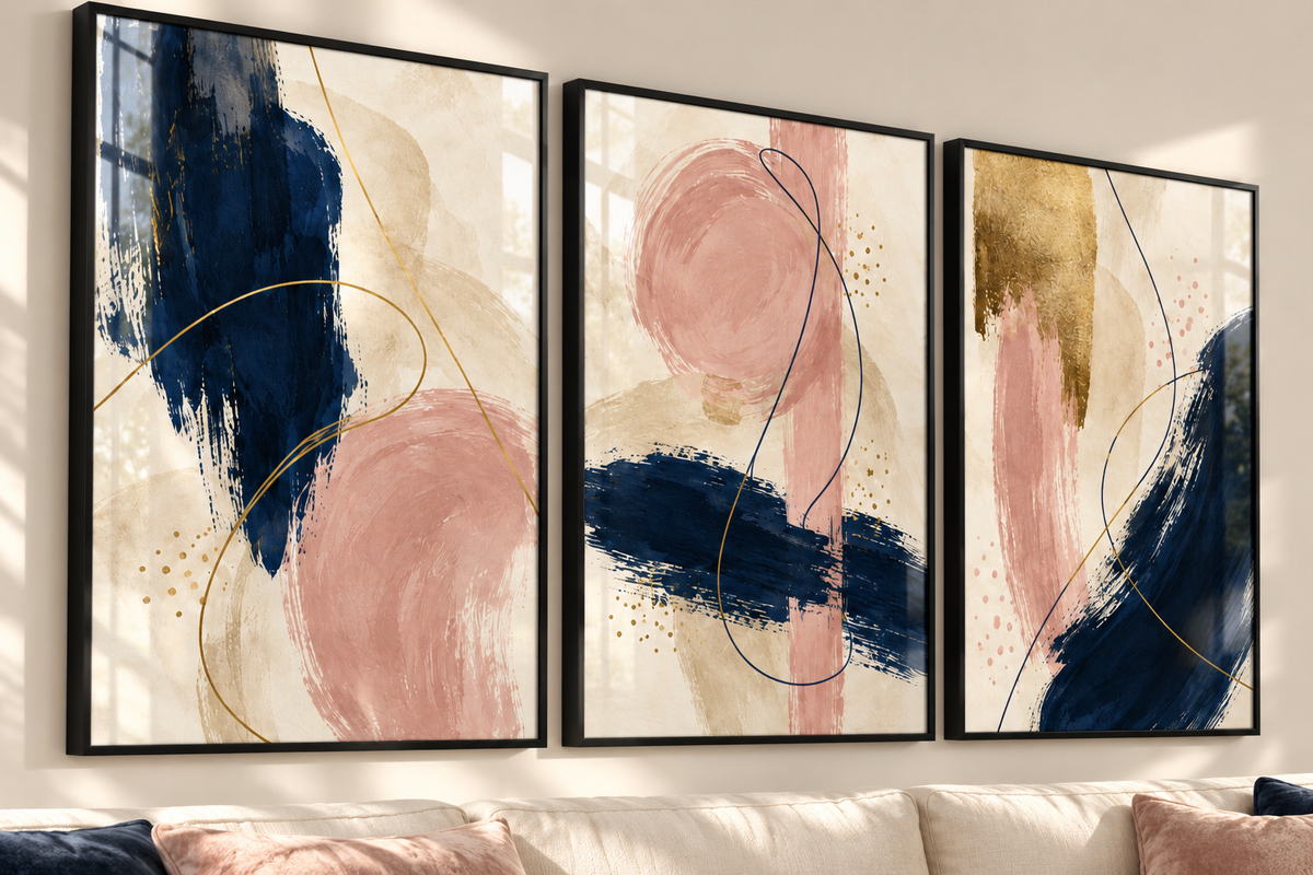 Close angled view of navy blush and champagne abstract prints in black frames; frames not included