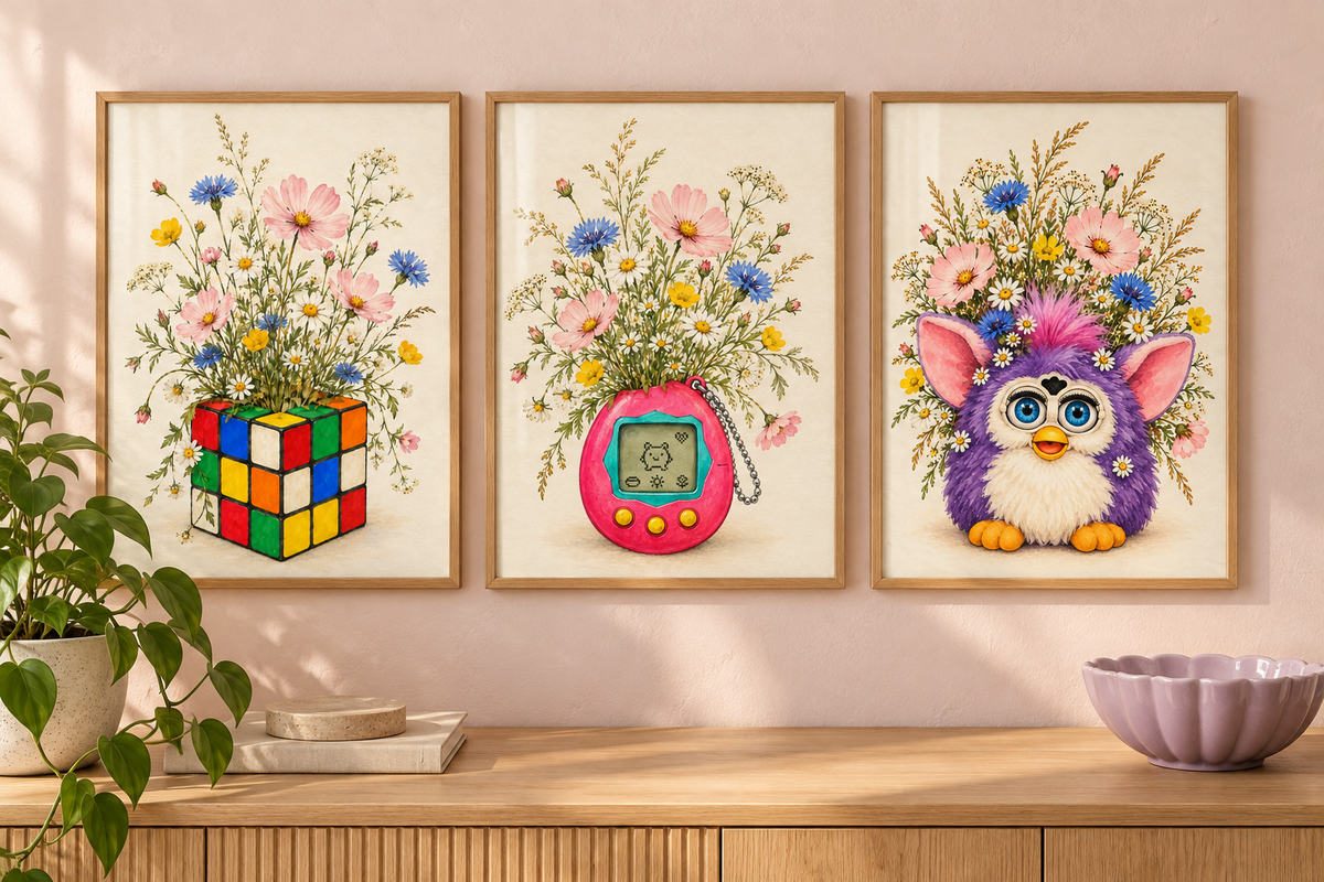 Childhood in Bloom set of three shown framed; frames not included