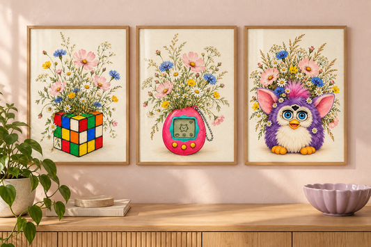 Childhood in Bloom set of three shown framed; frames not included