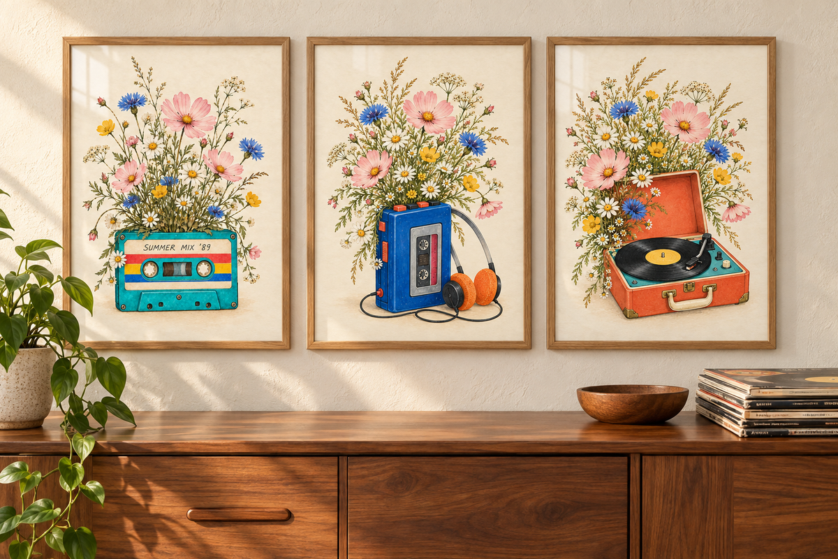 Retro Replay set of three shown framed; frames not included