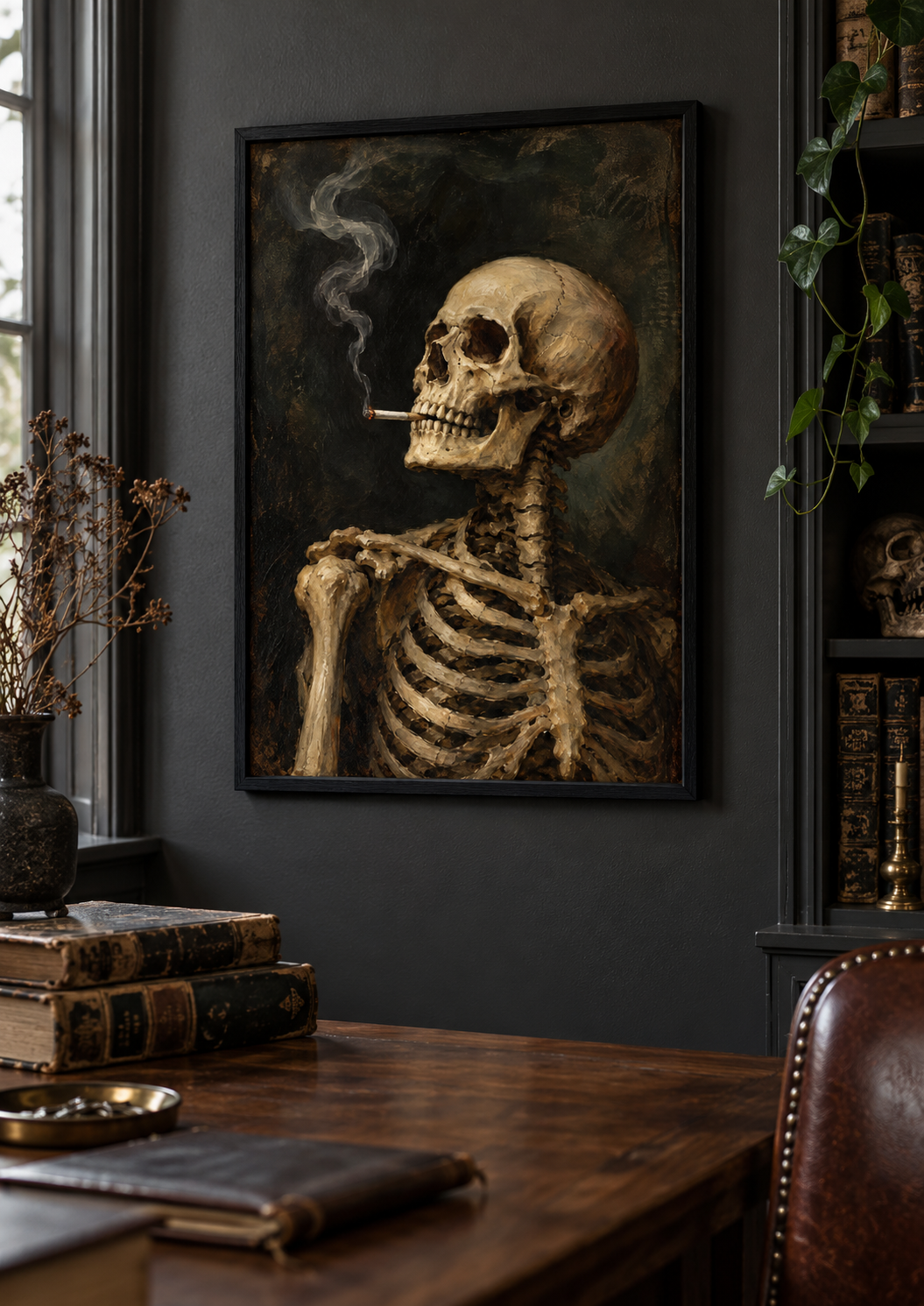 One Last Drag print framed in a dark gothic home