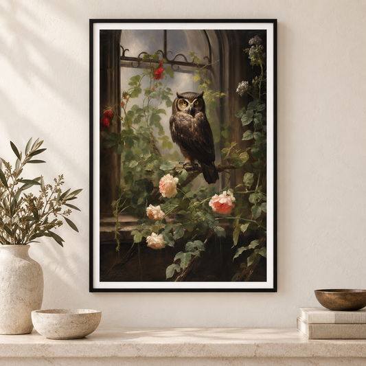 Owl in the Rose Garden art print in a slim black frame