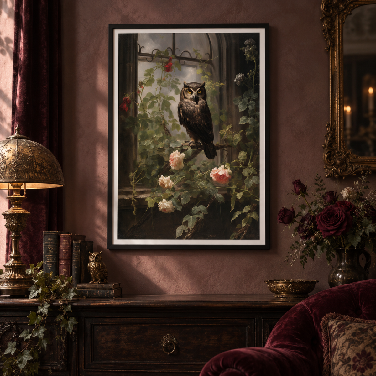 Owl in the Rose Garden art print in a gothic rose-themed room