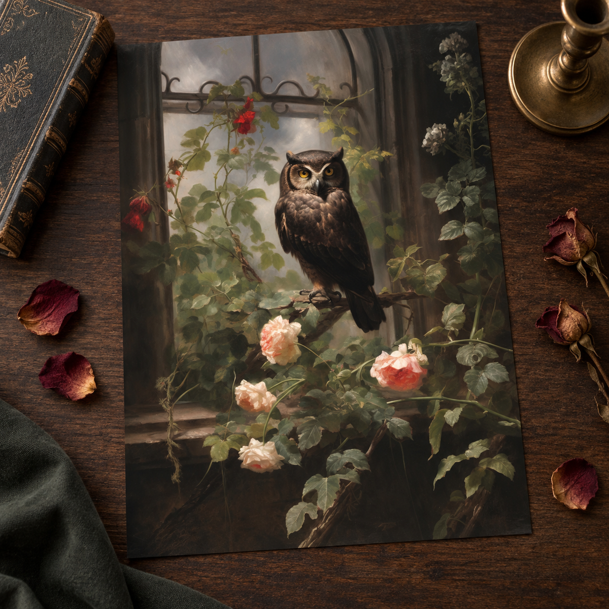 Borderless Owl in the Rose Garden art print laid on a dark wood surface