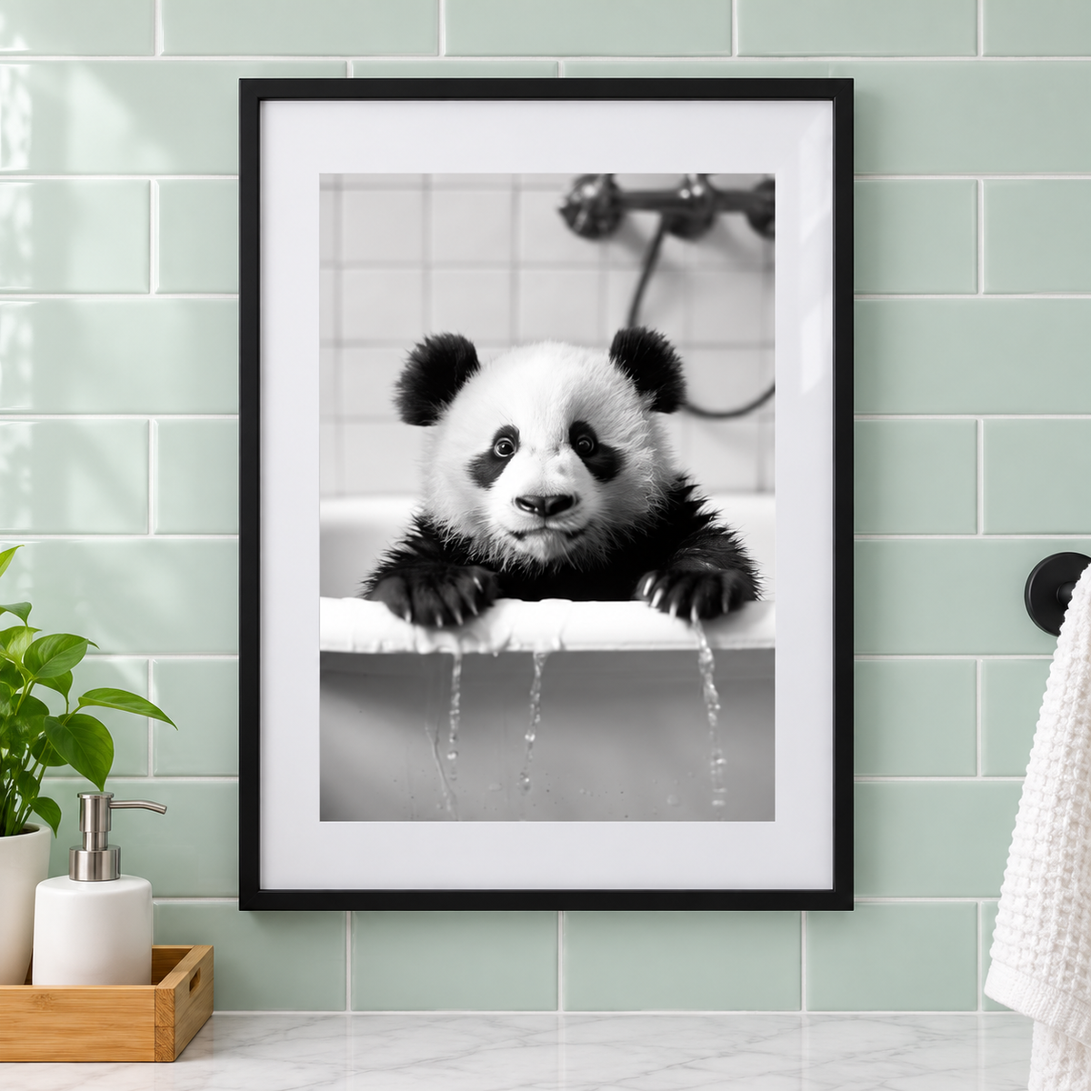 Panda Bathtub bathroom print close-up framed mockup