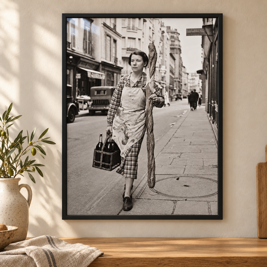 Parisian Woman Baguette and Wine print displayed in a black frame in a warm kitchen