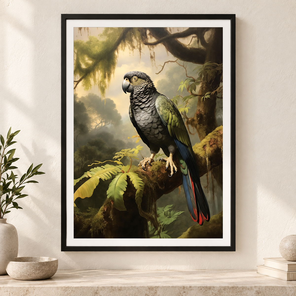 Parrot in the Rainforest art print in a slim black frame