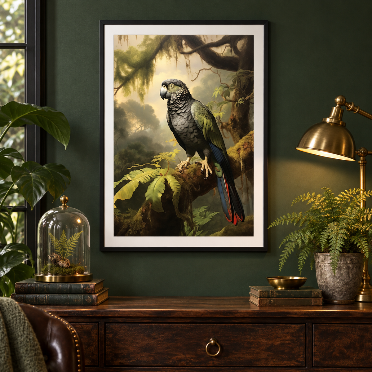 Parrot in the Rainforest framed art print in a botanical study