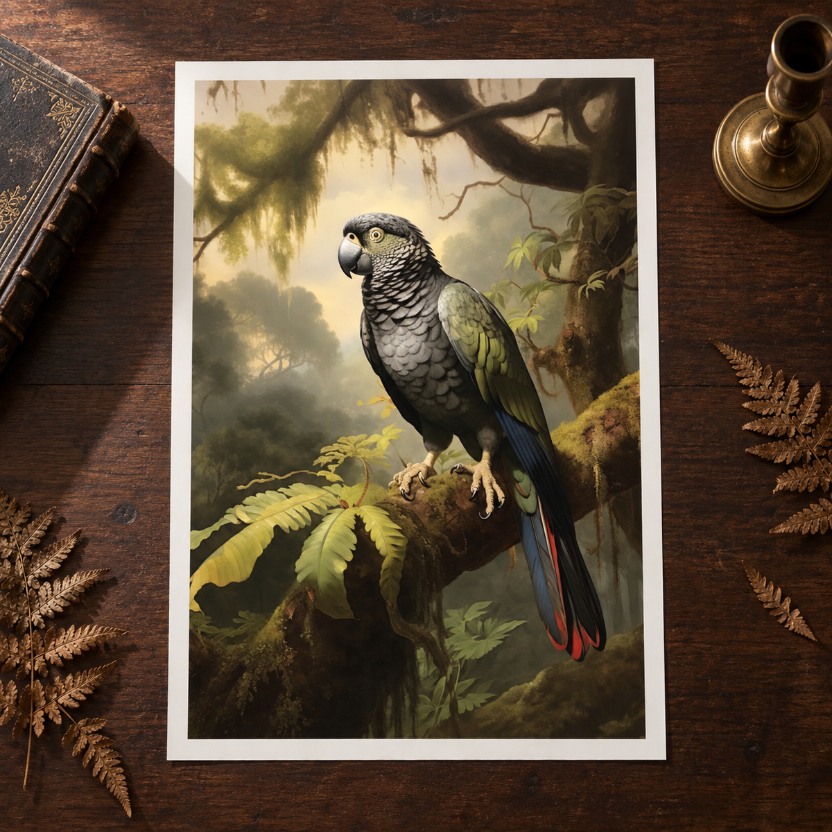 Parrot in the Rainforest unframed art print on a dark walnut surface