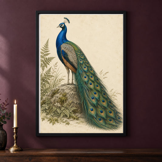 Peacock After Dark – Vintage Bird Print framed on a dark wall
