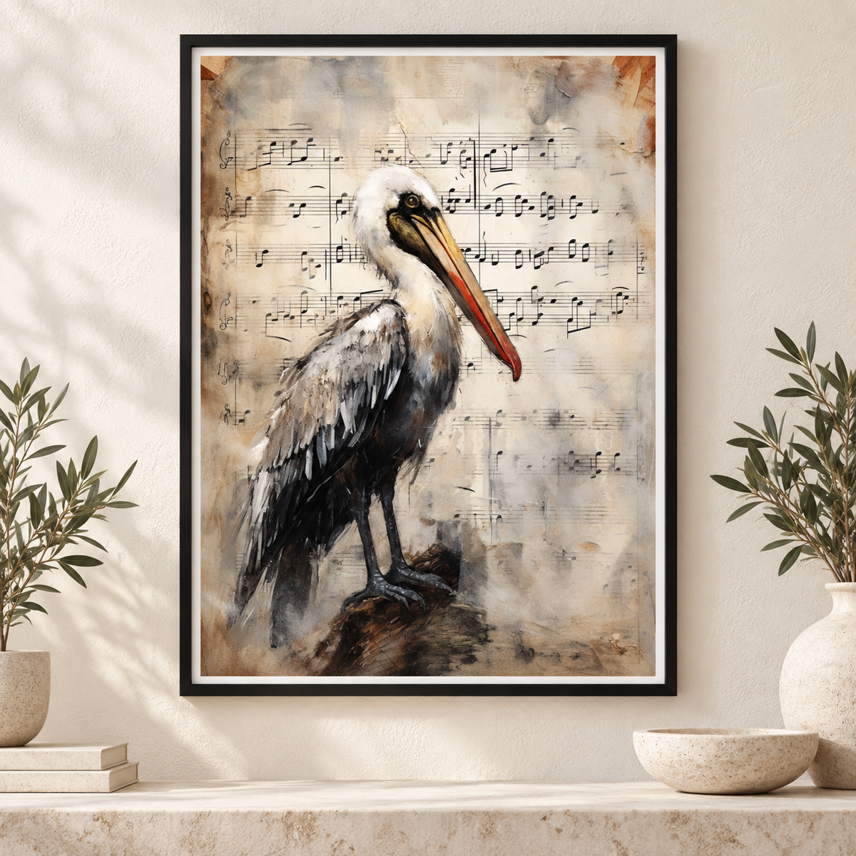 Pelican's Song art print in a slim black frame