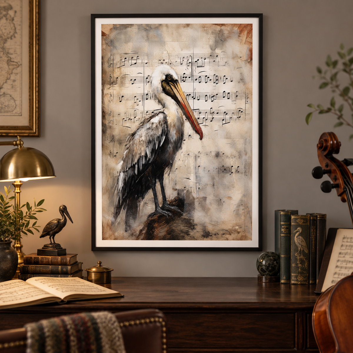 Pelican's Song art print in a refined music room