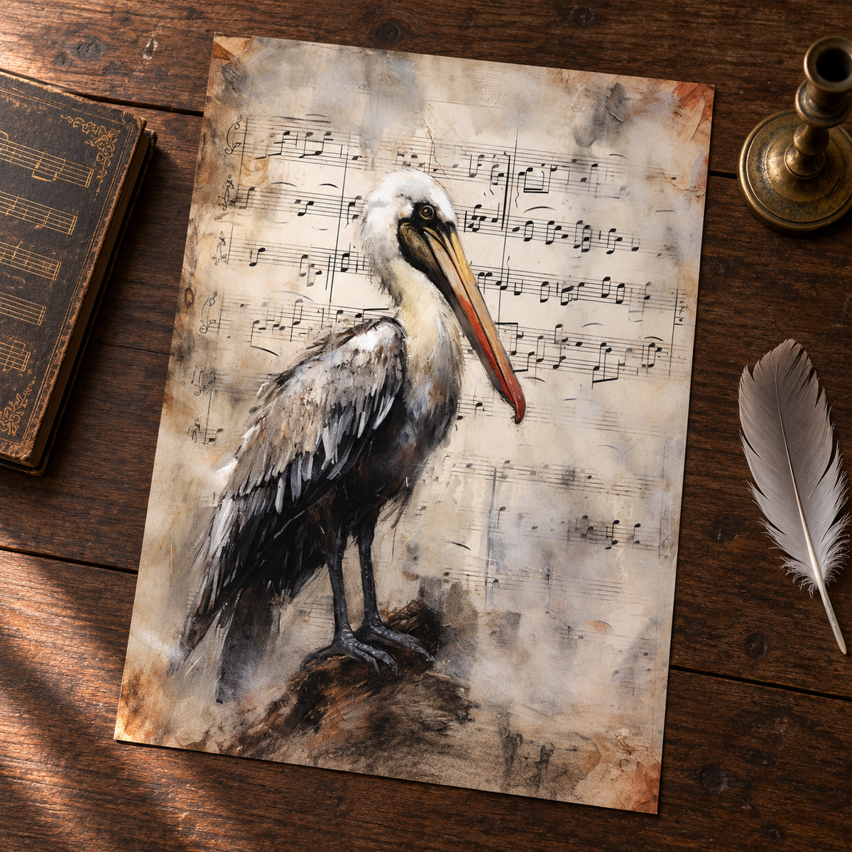 Borderless Pelican's Song art print laid on a dark wood surface