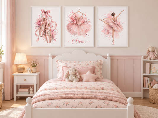 Set of three pink ballet prints with personalised Olivia tutu, ballerina and ballet shoes. Frames shown for styling.