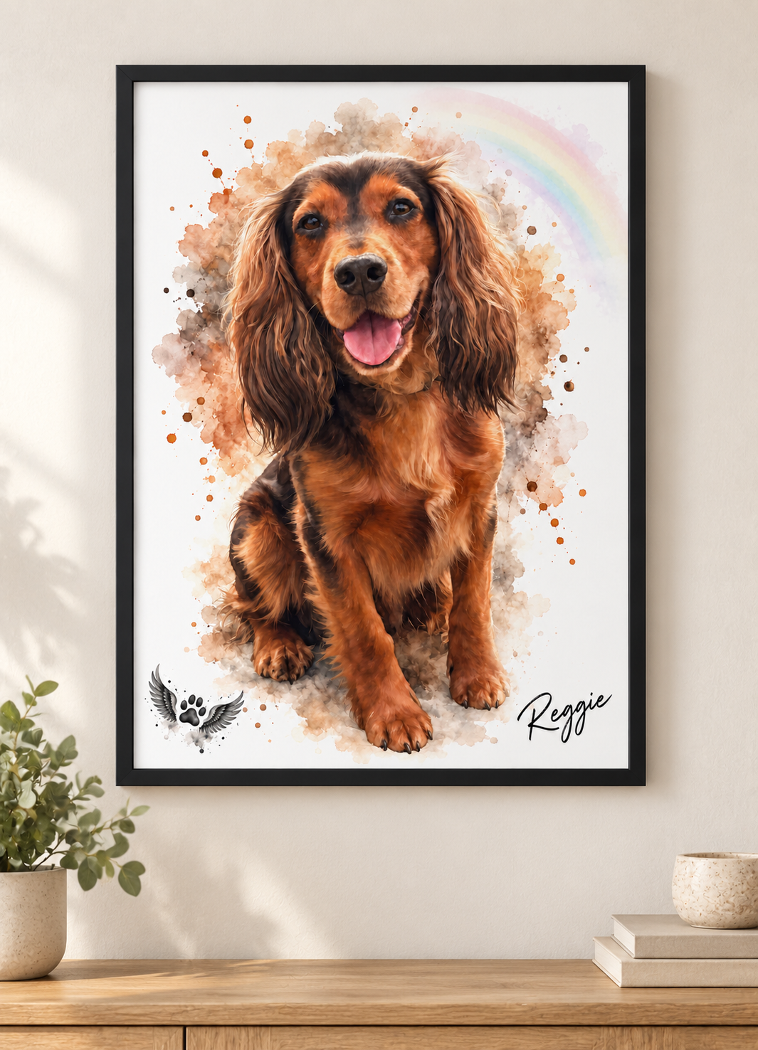 Personalised watercolour pet memorial print in a black frame