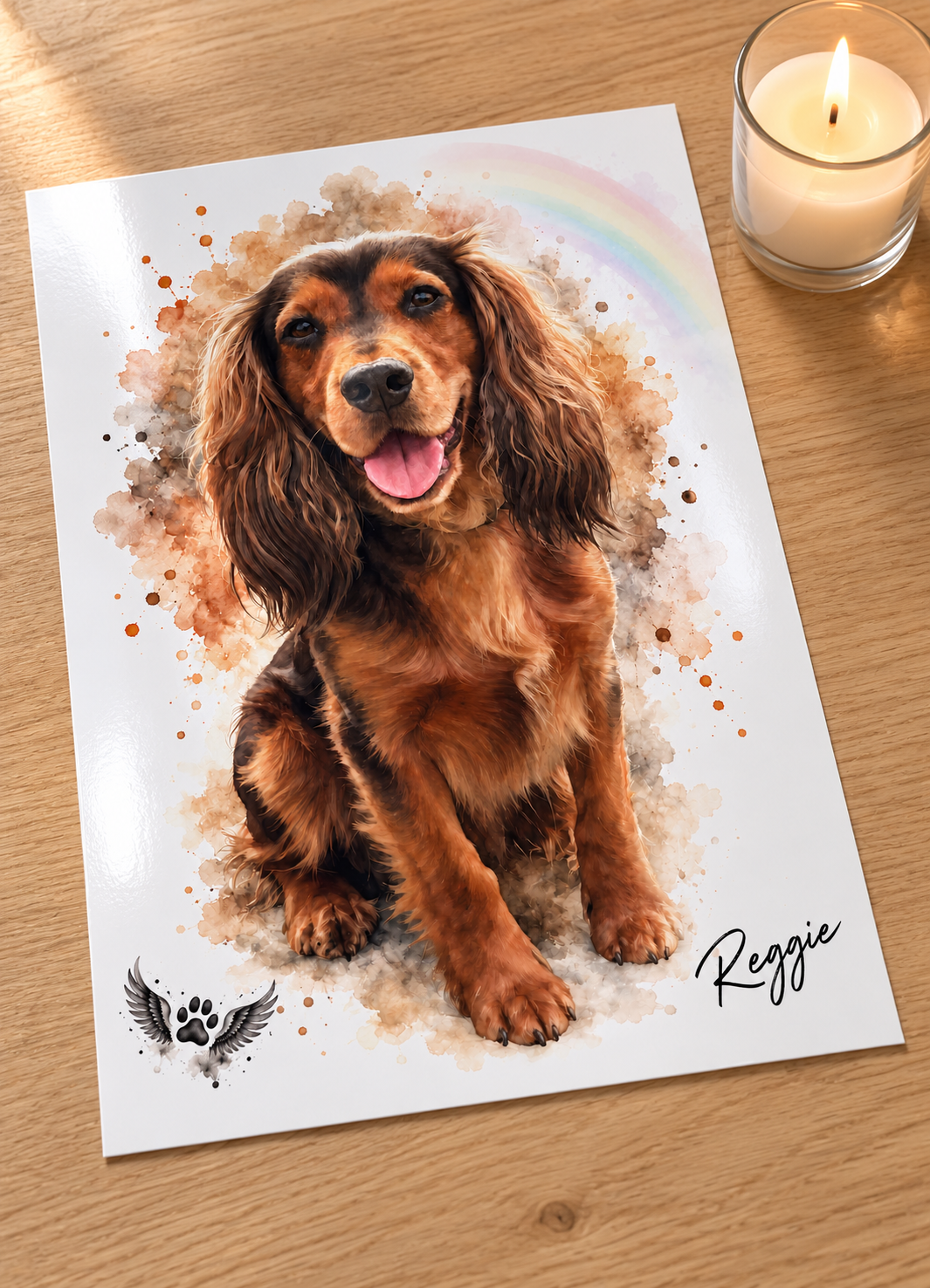 Unframed personalised pet memorial print on glossy card with candle