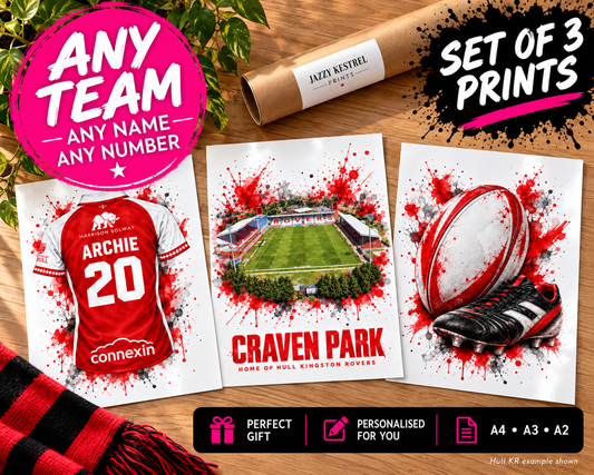 Personalised rugby print set of 3: any team, any name, any number. A4, A3 and A2. Hull KR example shown.