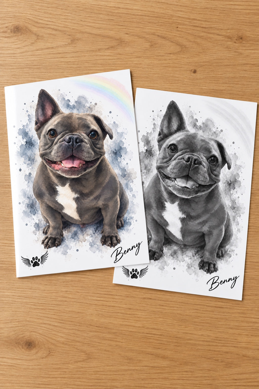 Colour and black and white personalised pet memorial print options