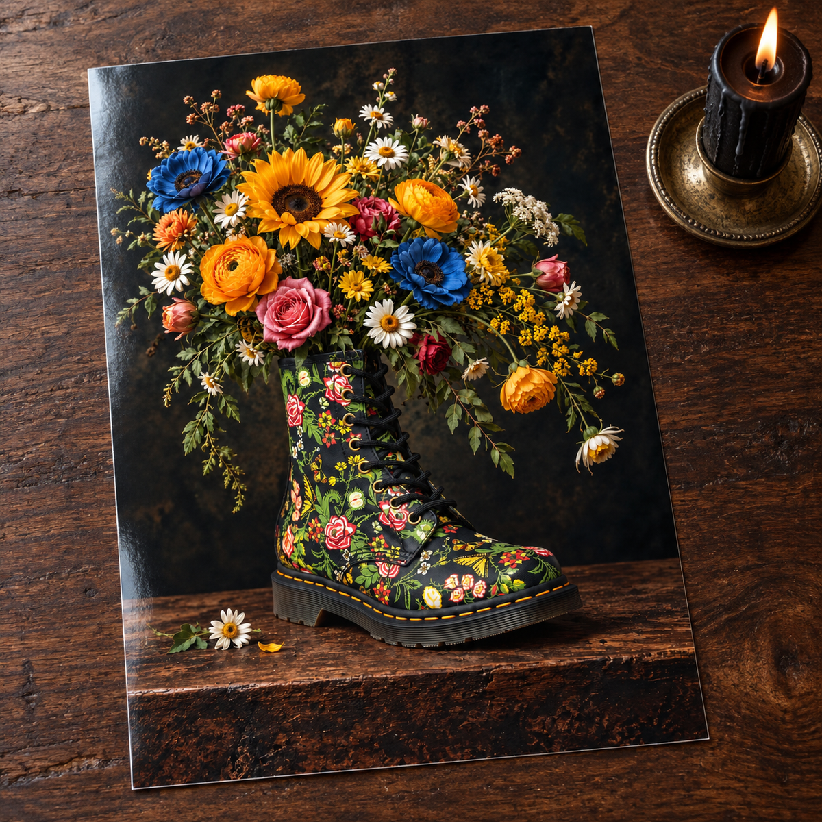 Petal to the Metal — unframed glossy photo card on a wooden table beside a gothic candle