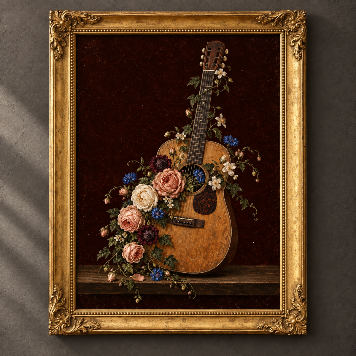 Petal Unplugged botanical art print in an ornate vintage gold frame