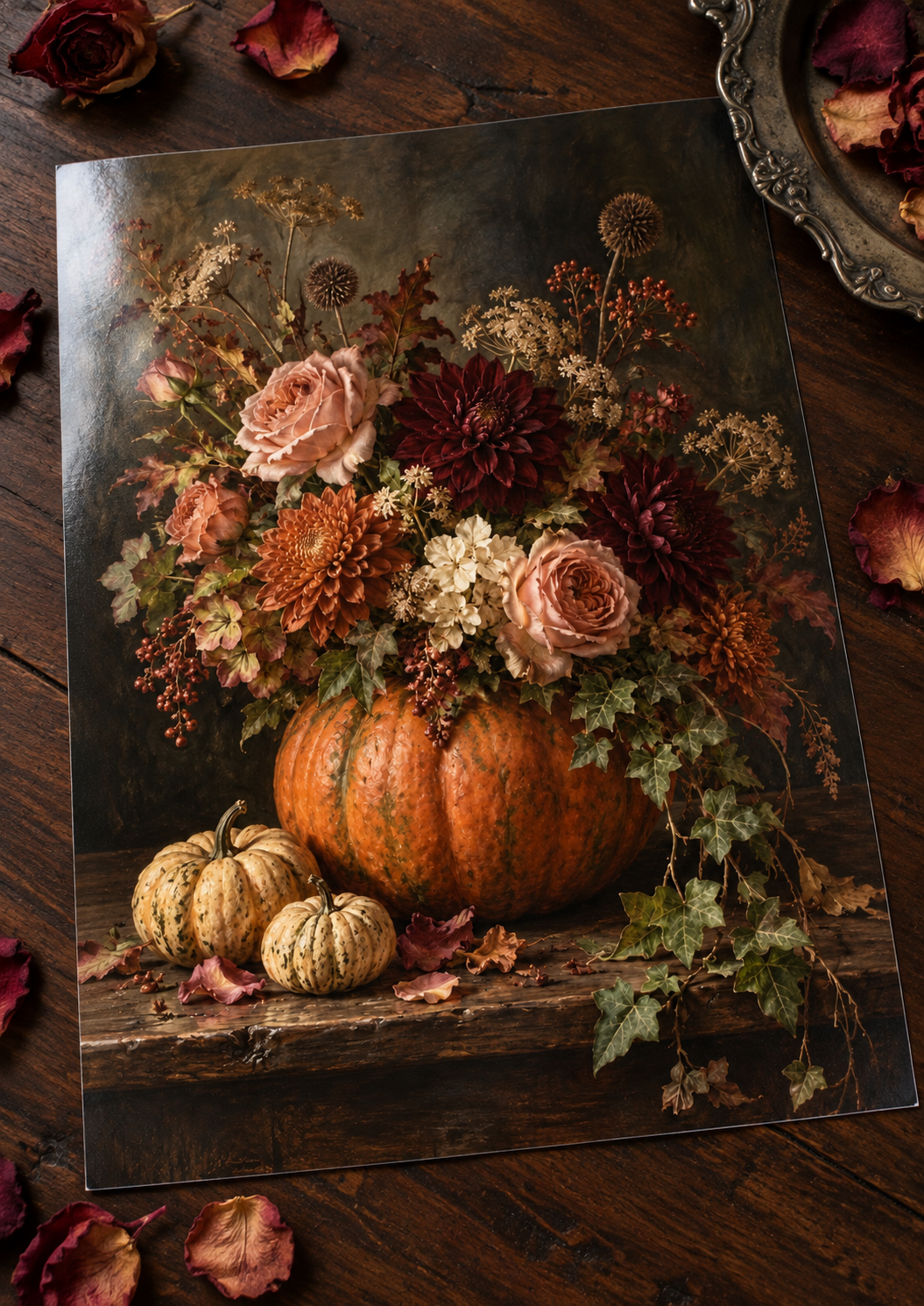 Petals After Midnight unframed glossy photo print on a table