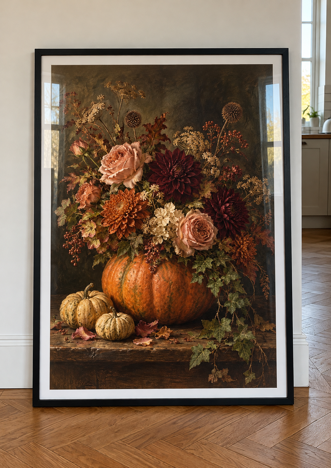 Petals After Midnight floral pumpkin print in a black frame against a cream wall