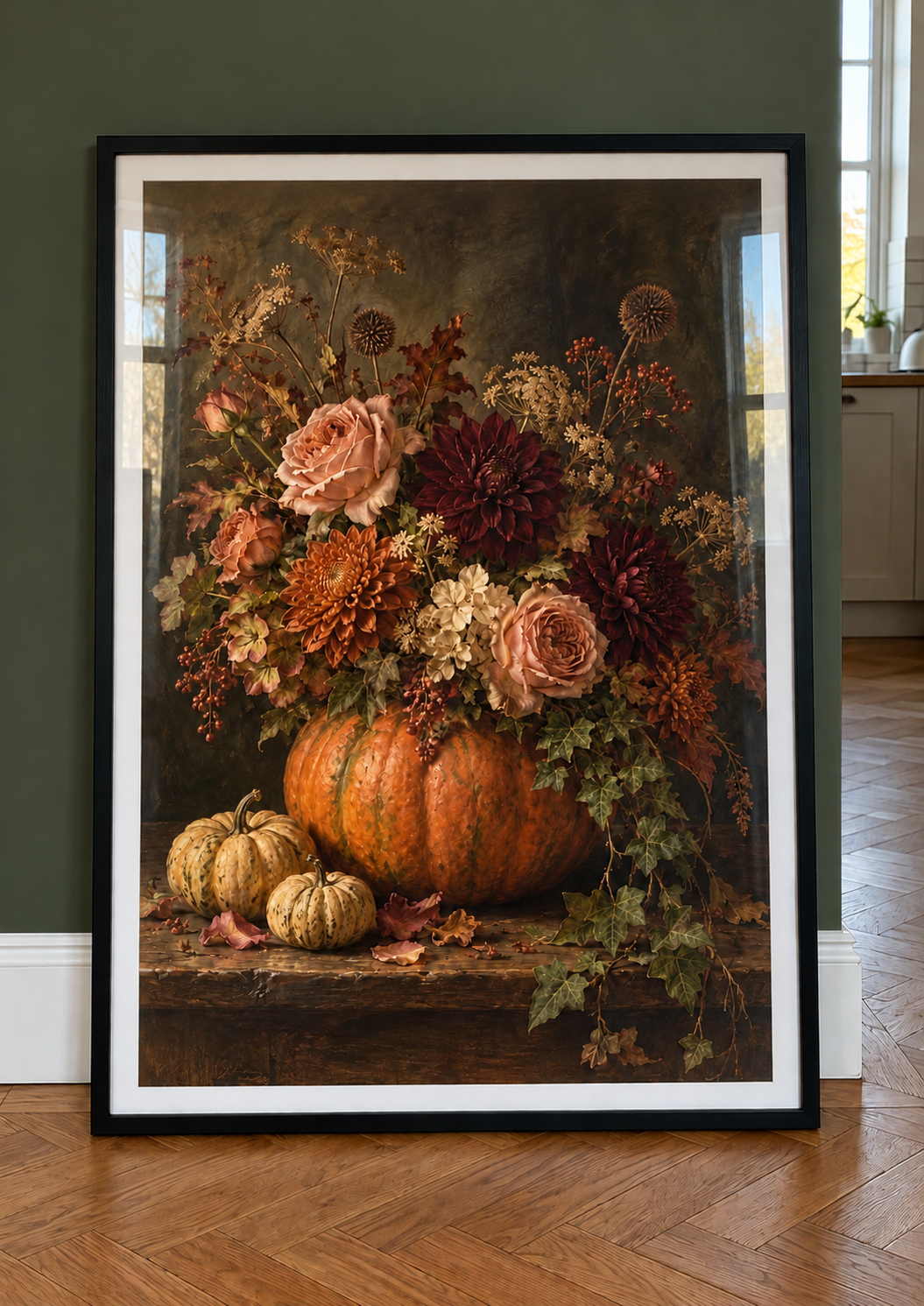 Petals After Midnight floral pumpkin print in a black frame against a deep green wall