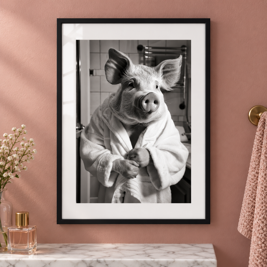 Pig Bathrobe bathroom print close-up framed mockup