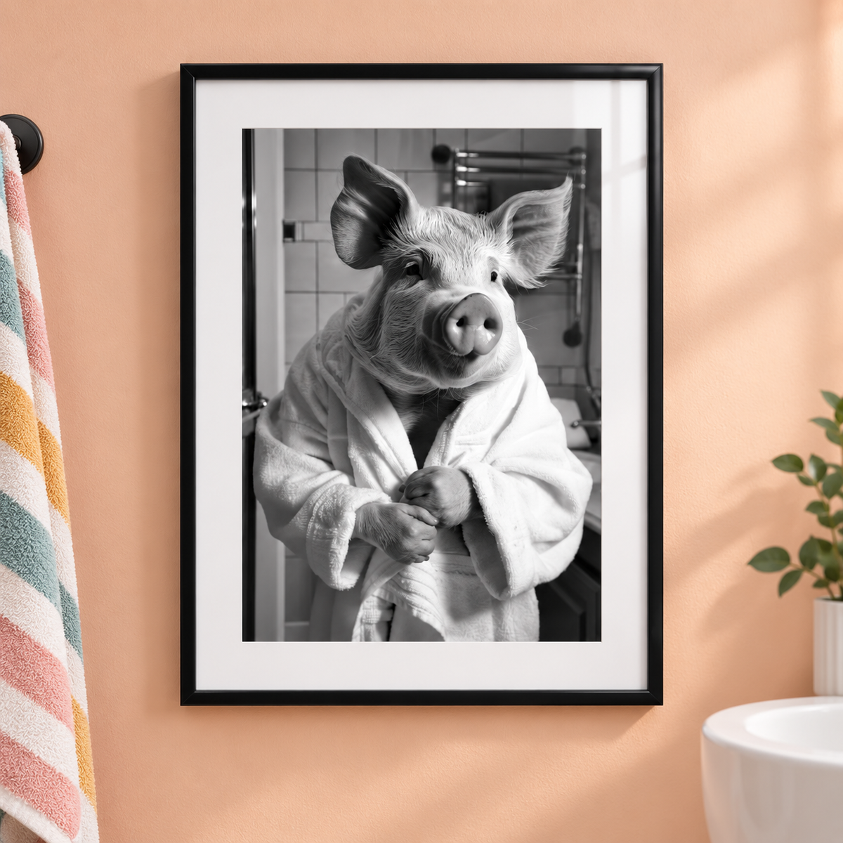 Pig Bathrobe bathroom print close-up framed mockup