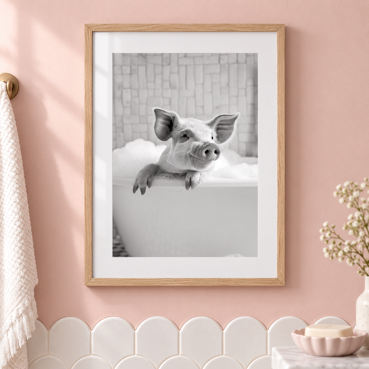 Pig Bathtub bathroom print close-up framed mockup