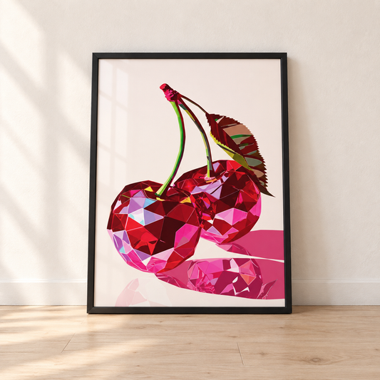 Pink Cherry Disco Ball print in a glossy black frame leaning against a wall