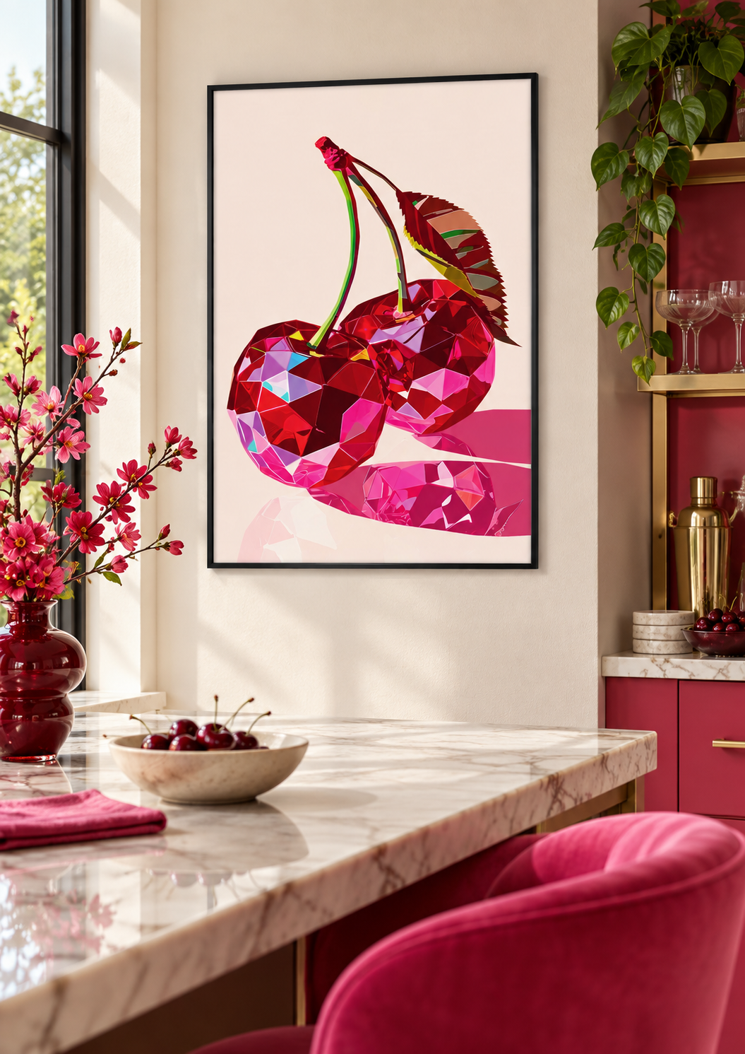 Pink Cherry Disco Ball wall art in a stylish kitchen home bar