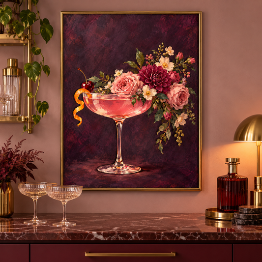 Pink Cocktail Coupe in Bloom Print displayed framed in a kitchen or bar