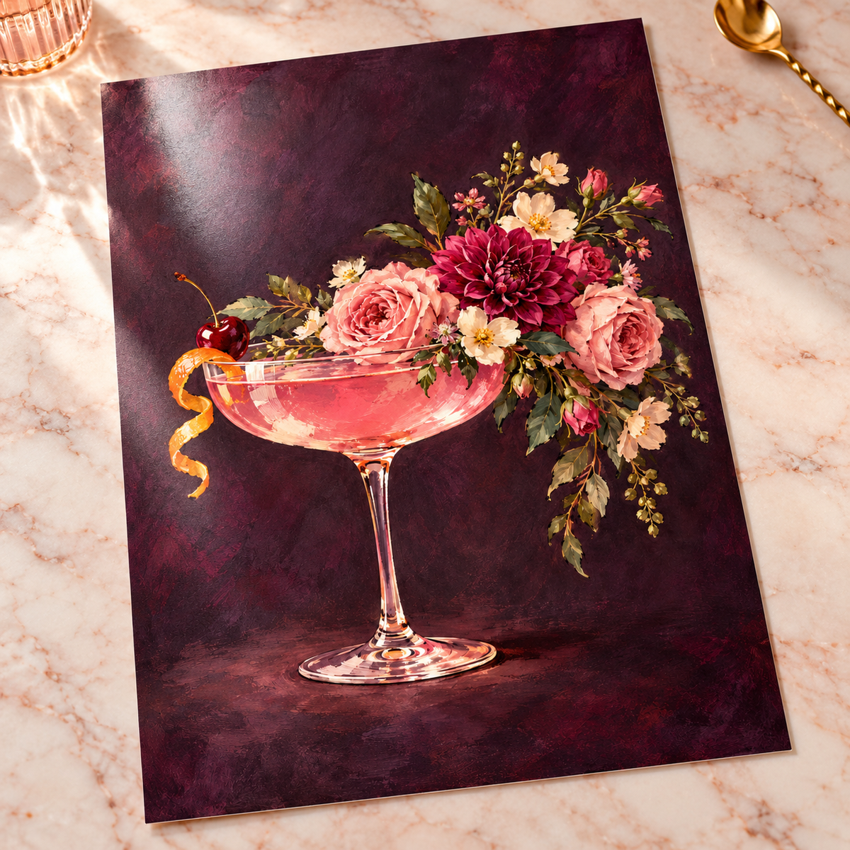 Pink Cocktail Coupe in Bloom Print shown unframed on glossy card
