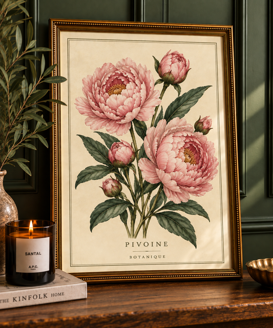 Pivoine vintage peony botanical print in ornate gold frame