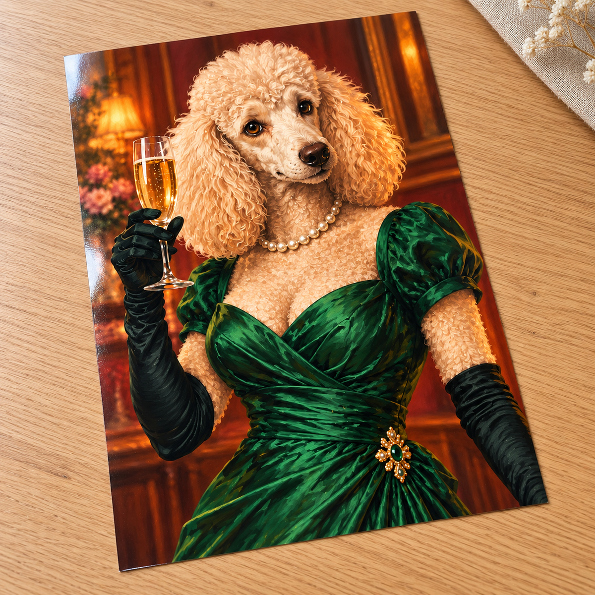 Poodles and Bubbles unframed glossy print on an oak table