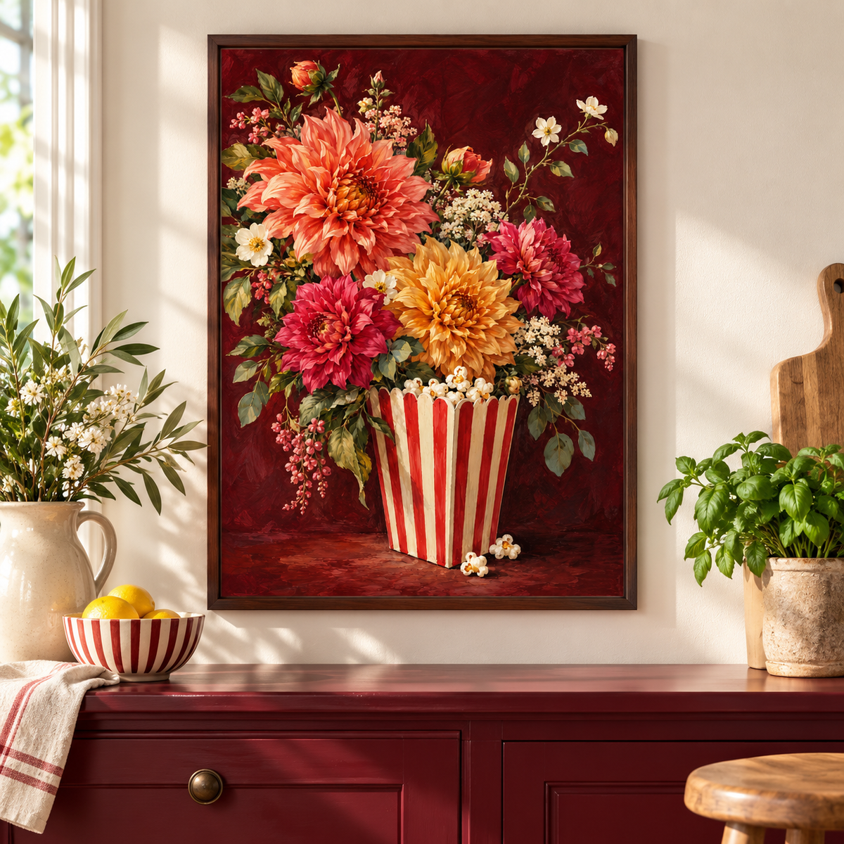 Popcorn Dahlias Print displayed framed in a kitchen or bar