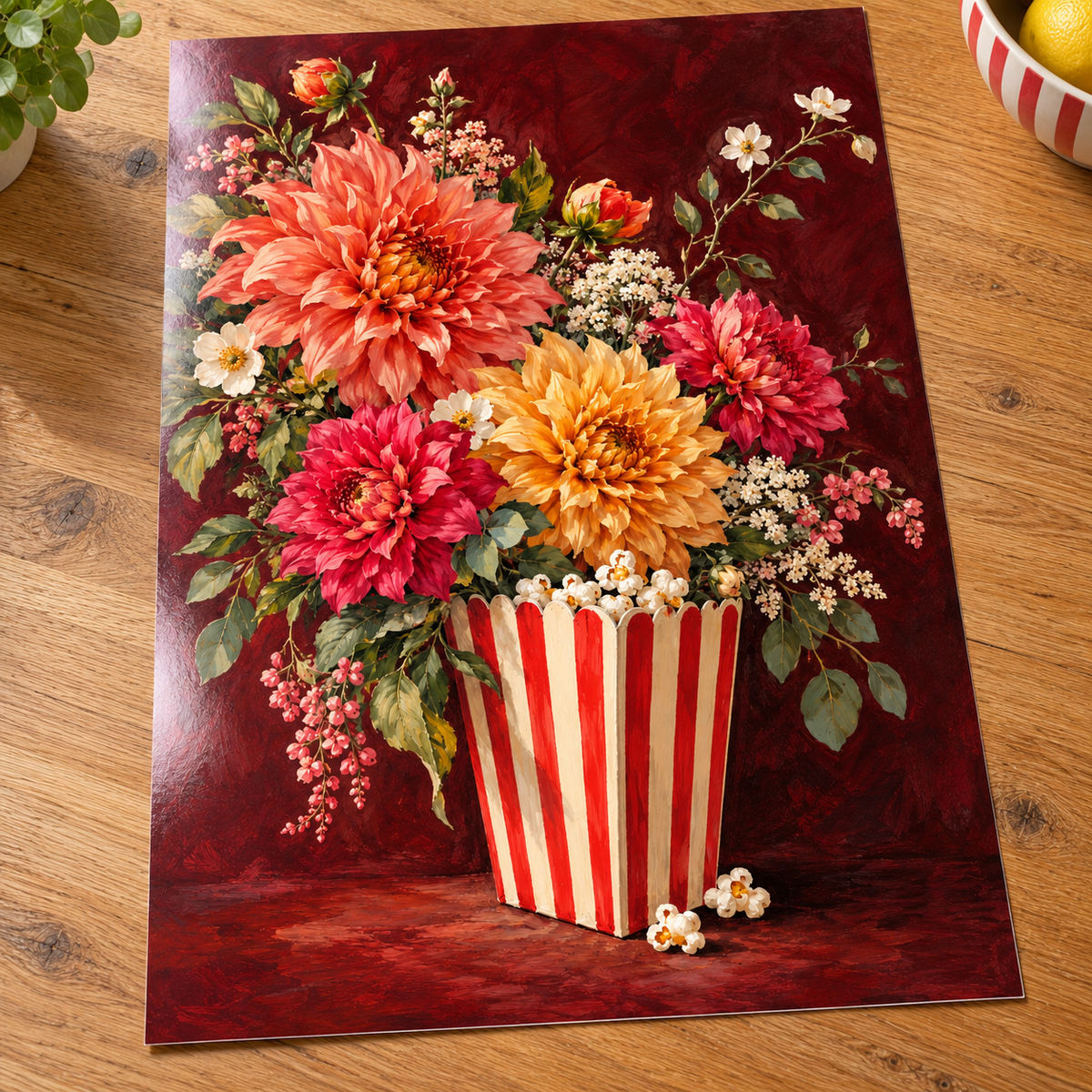 Popcorn Dahlias Print shown unframed on glossy card