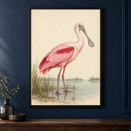Pretty in Pink – Vintage Spoonbill Bird Print framed on a dark wall