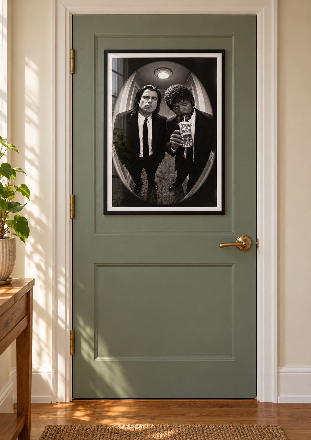 Pulp Fiction print in a black frame on the back of a green door
