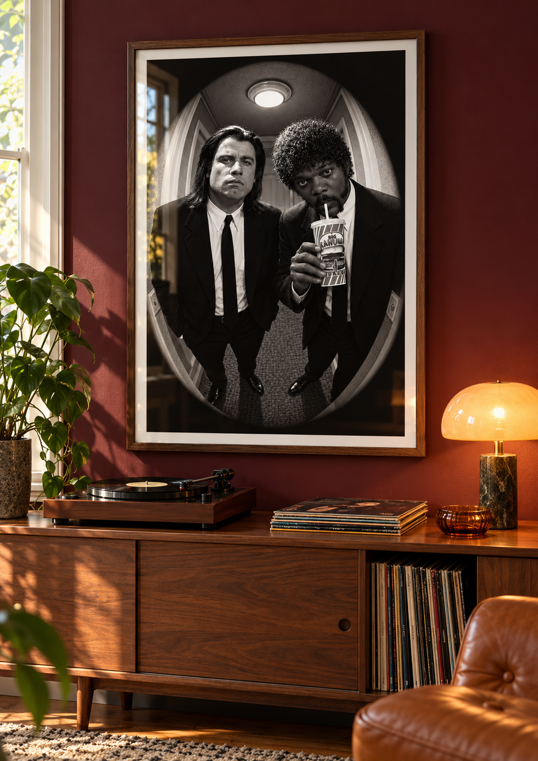 Pulp Fiction peephole print framed above a record player
