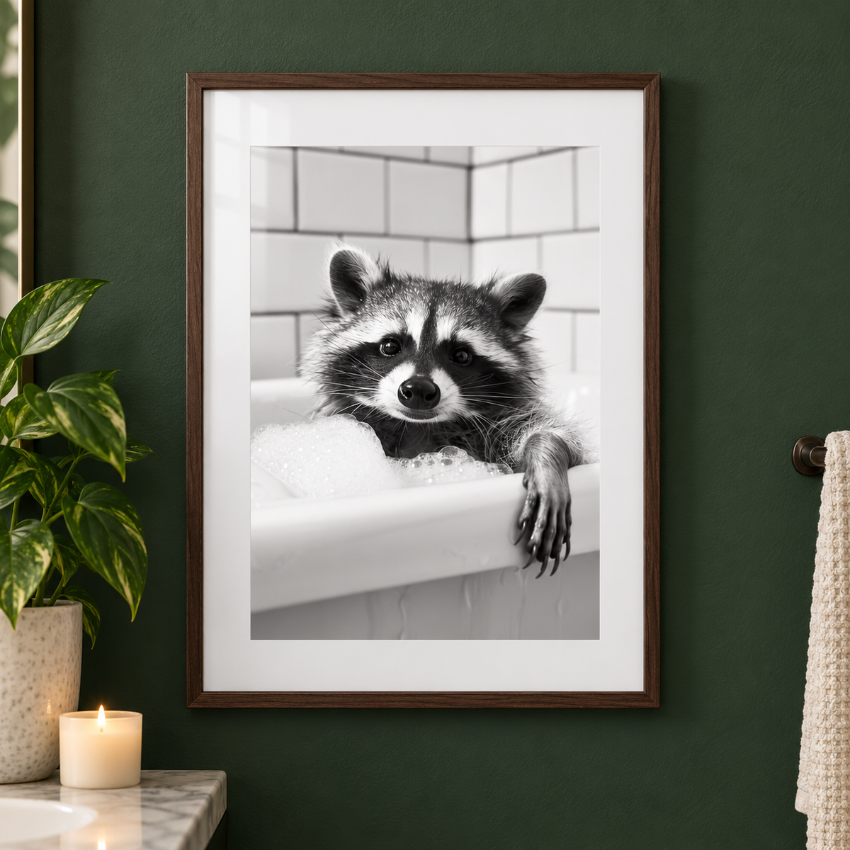 Raccoon Bathtub bathroom print close-up framed mockup