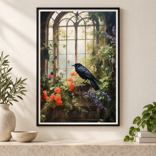 Raven in the Conservatory art print in a slim black frame