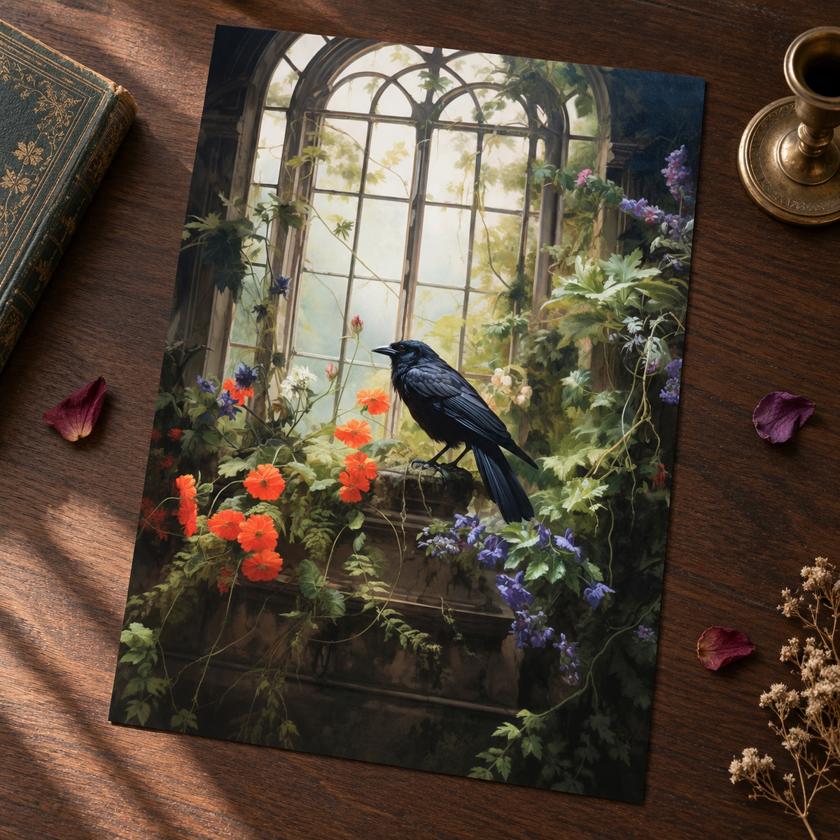 Borderless Raven in the Conservatory art print laid on a dark wood surface