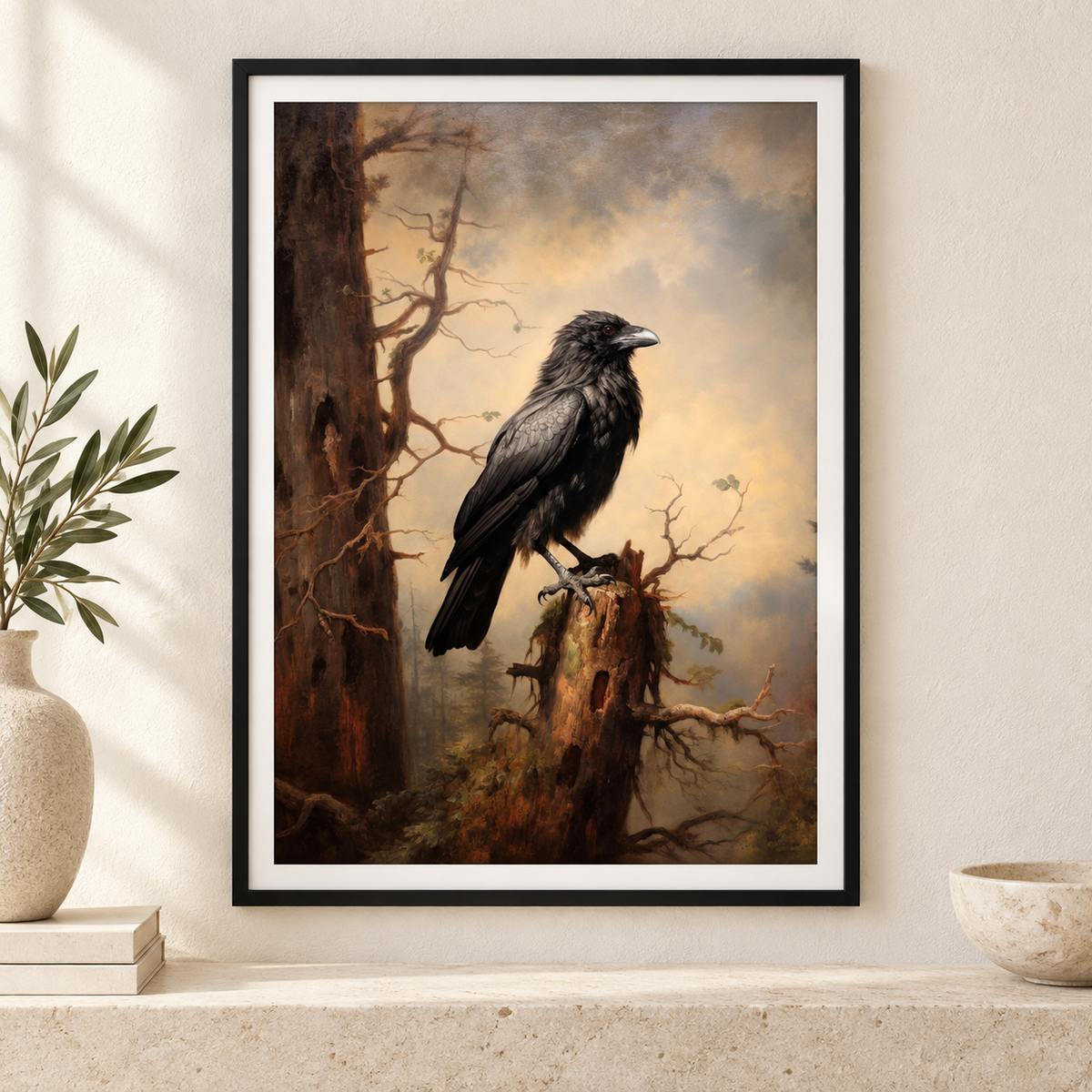 Raven in the Mist print in a correctly proportioned slim black A-series frame