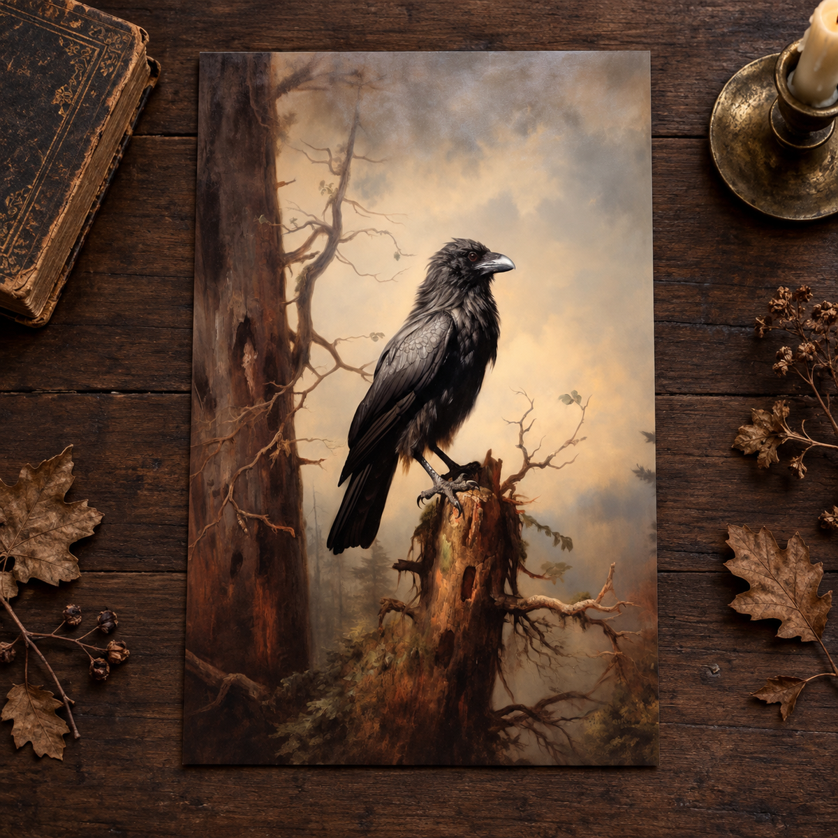 Raven in the Mist unframed A-series print on dark walnut